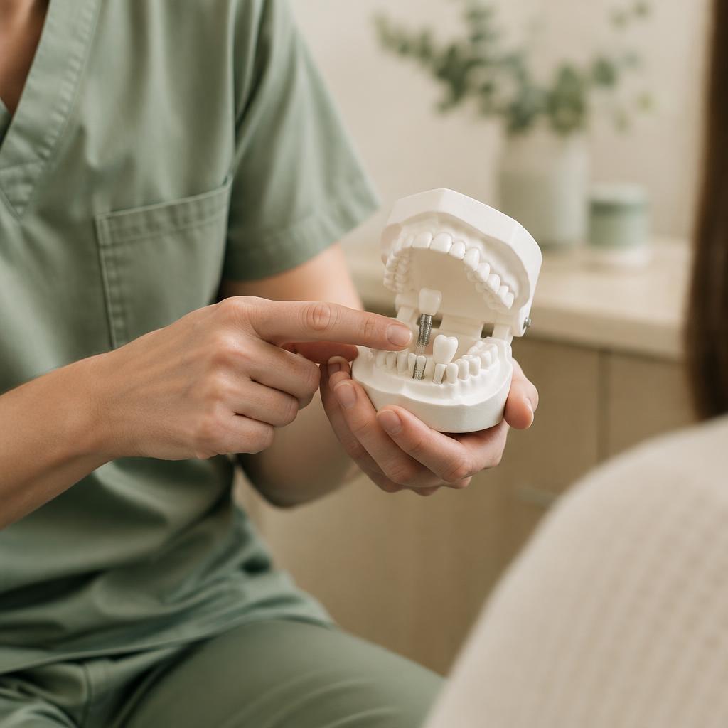 A dentist using a model to explain how an implant sits in the jaw